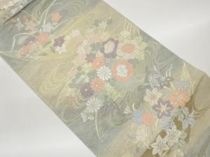 紗 扇に草花・流水模様織出し袋帯